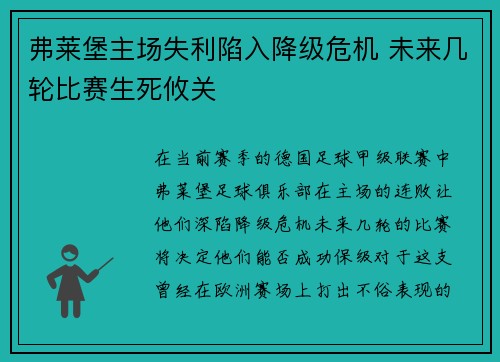 弗莱堡主场失利陷入降级危机 未来几轮比赛生死攸关