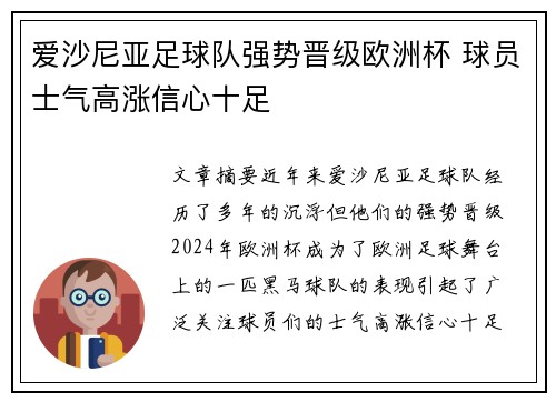 爱沙尼亚足球队强势晋级欧洲杯 球员士气高涨信心十足