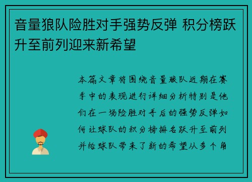 音量狼队险胜对手强势反弹 积分榜跃升至前列迎来新希望