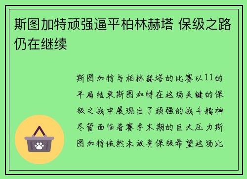 斯图加特顽强逼平柏林赫塔 保级之路仍在继续