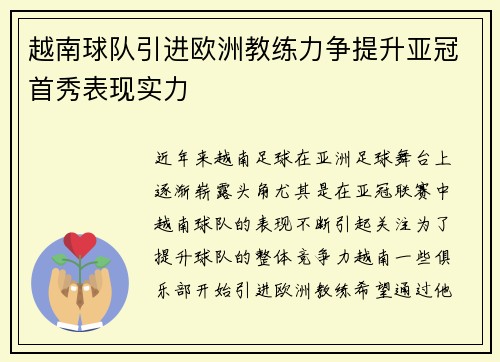 越南球队引进欧洲教练力争提升亚冠首秀表现实力